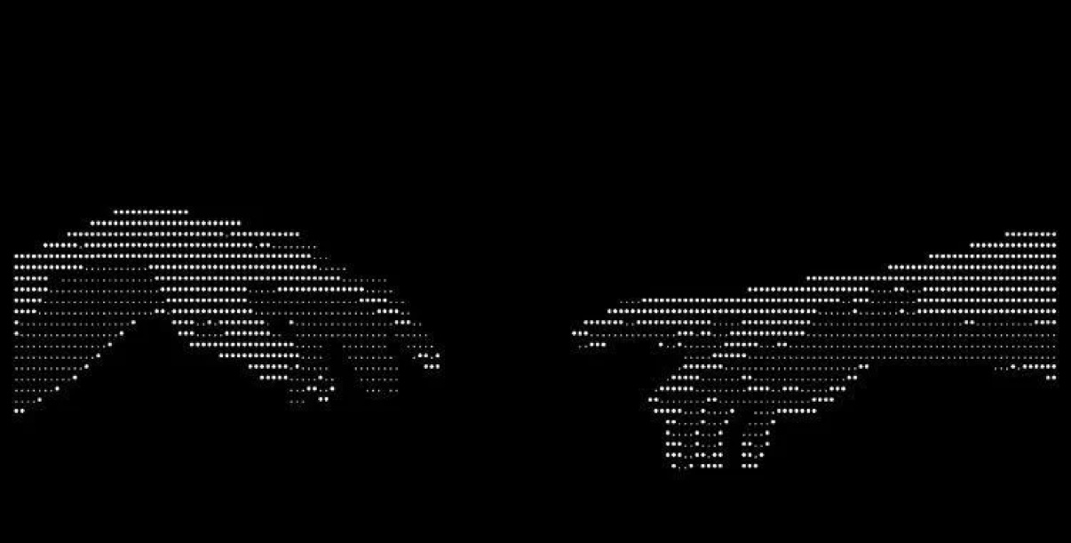 Split image: real butterfly on the left, ASCII-rendered butterfly on the right